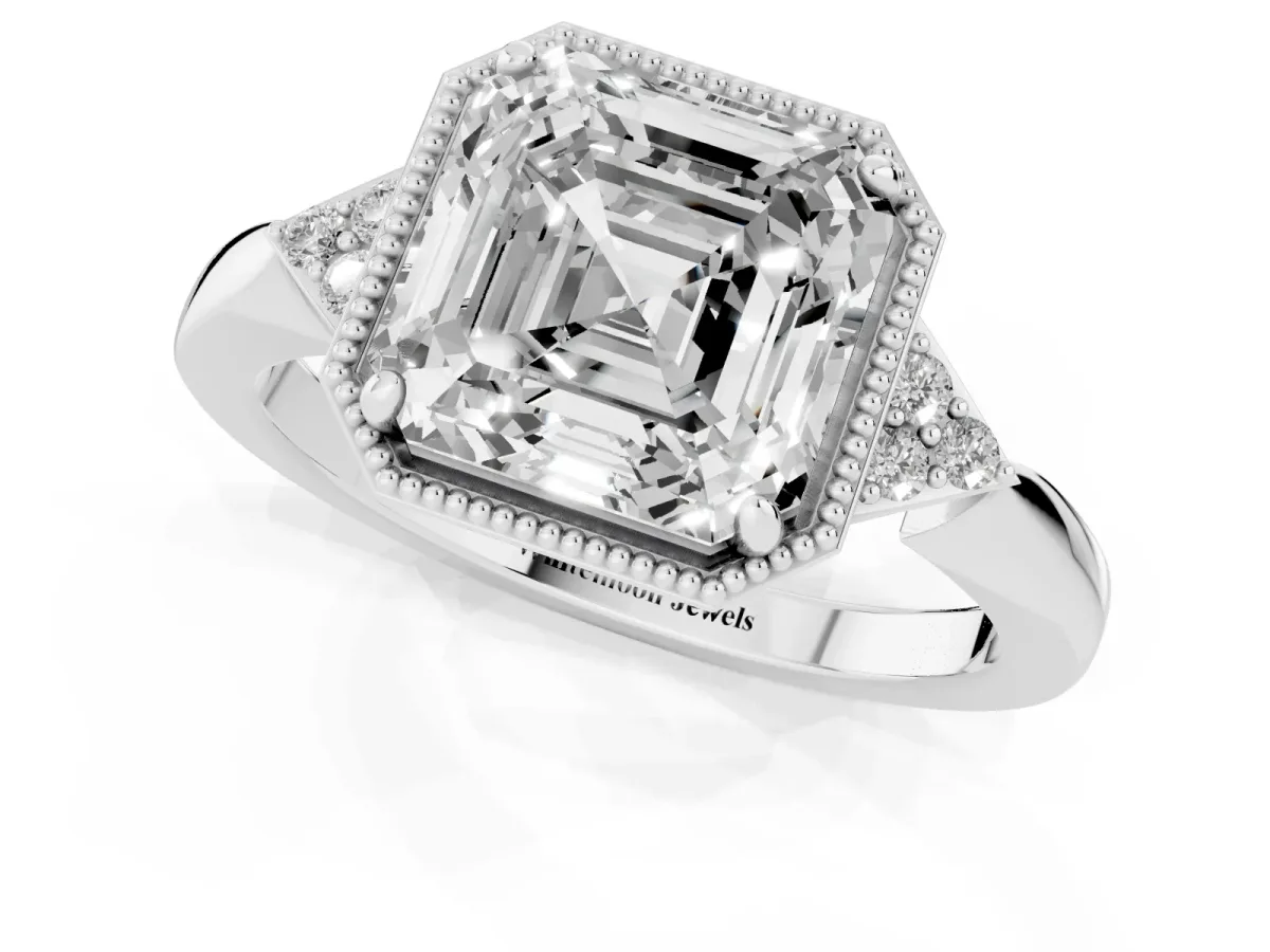 Asscher Cut Diamond Halo Ring with Tapered Band and Four-Prong Setting Silver