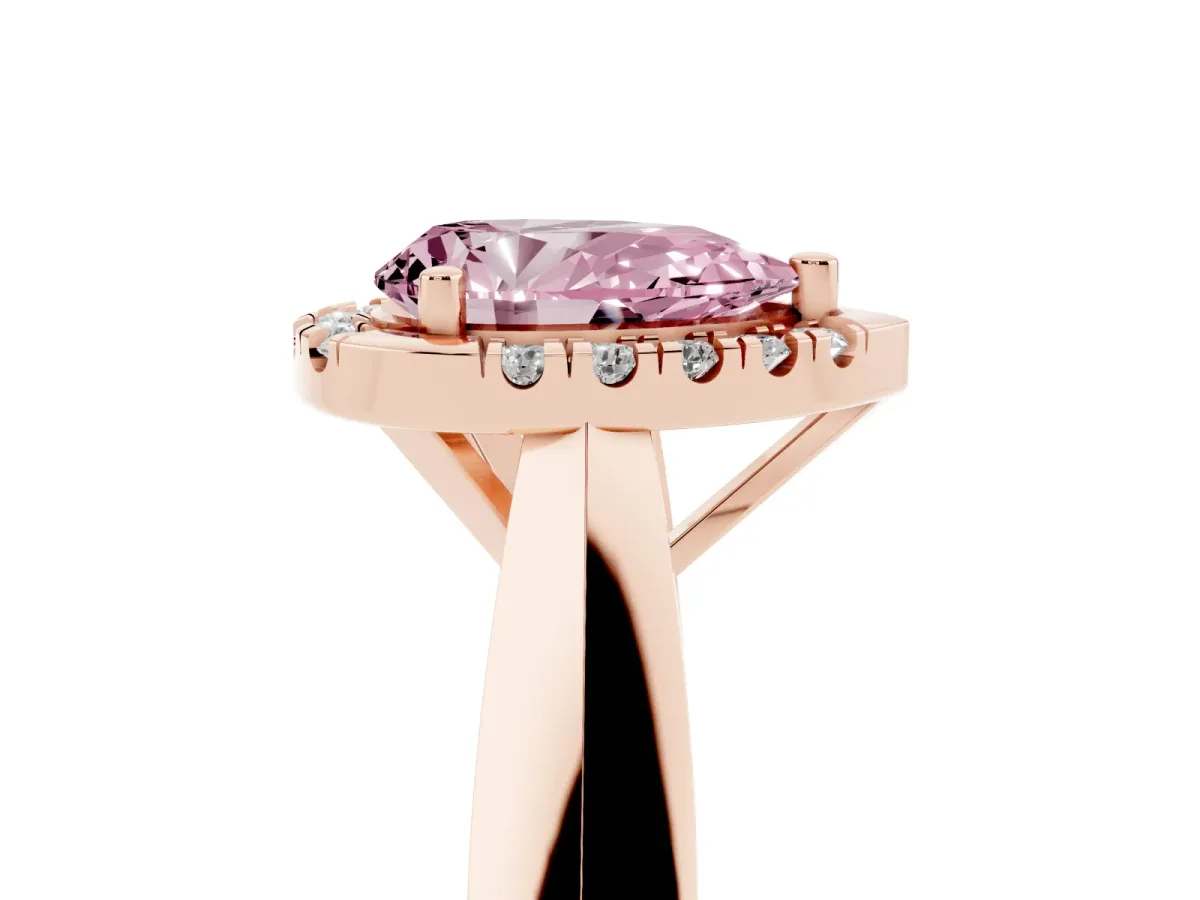 Fancy Pink Pear Cut Cut Halo Solitaire Engagement Ring with Square Band and Four-Prong Setting Rose gold