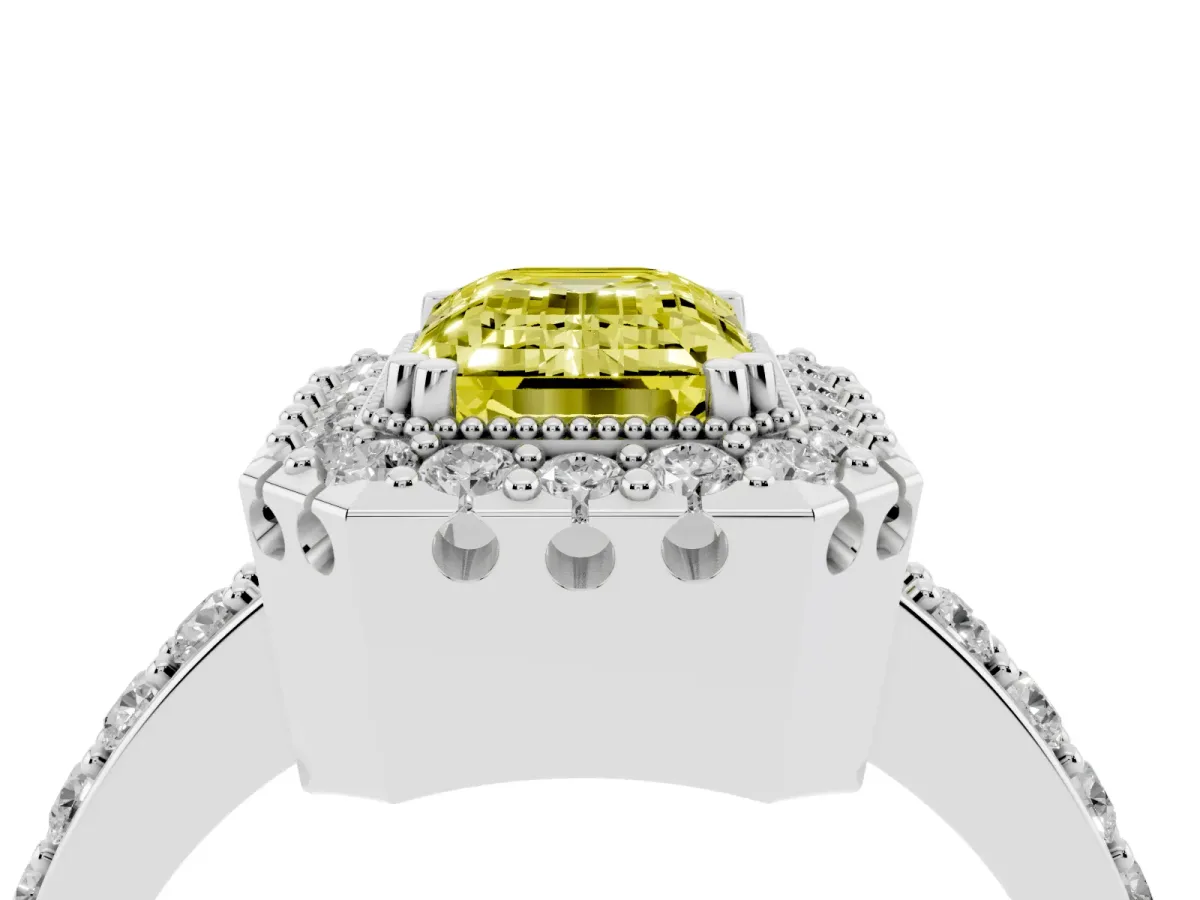 Fancy Yellow Emerald Cut Diamond Halo Ring with Pavé Band and Prong Setting Platinum