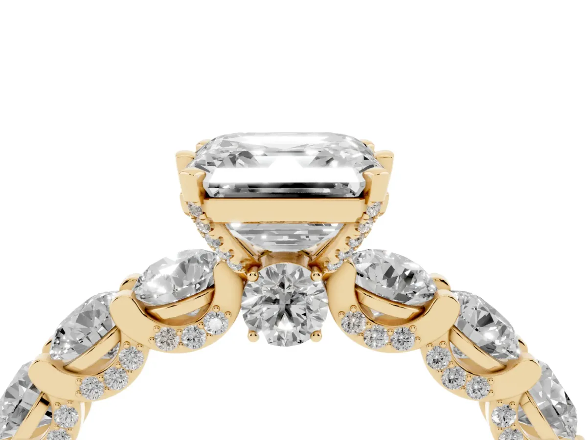 Asscher Cut Diamond Side Stone Engagement Ring with Four-Prong Setting Yellow gold