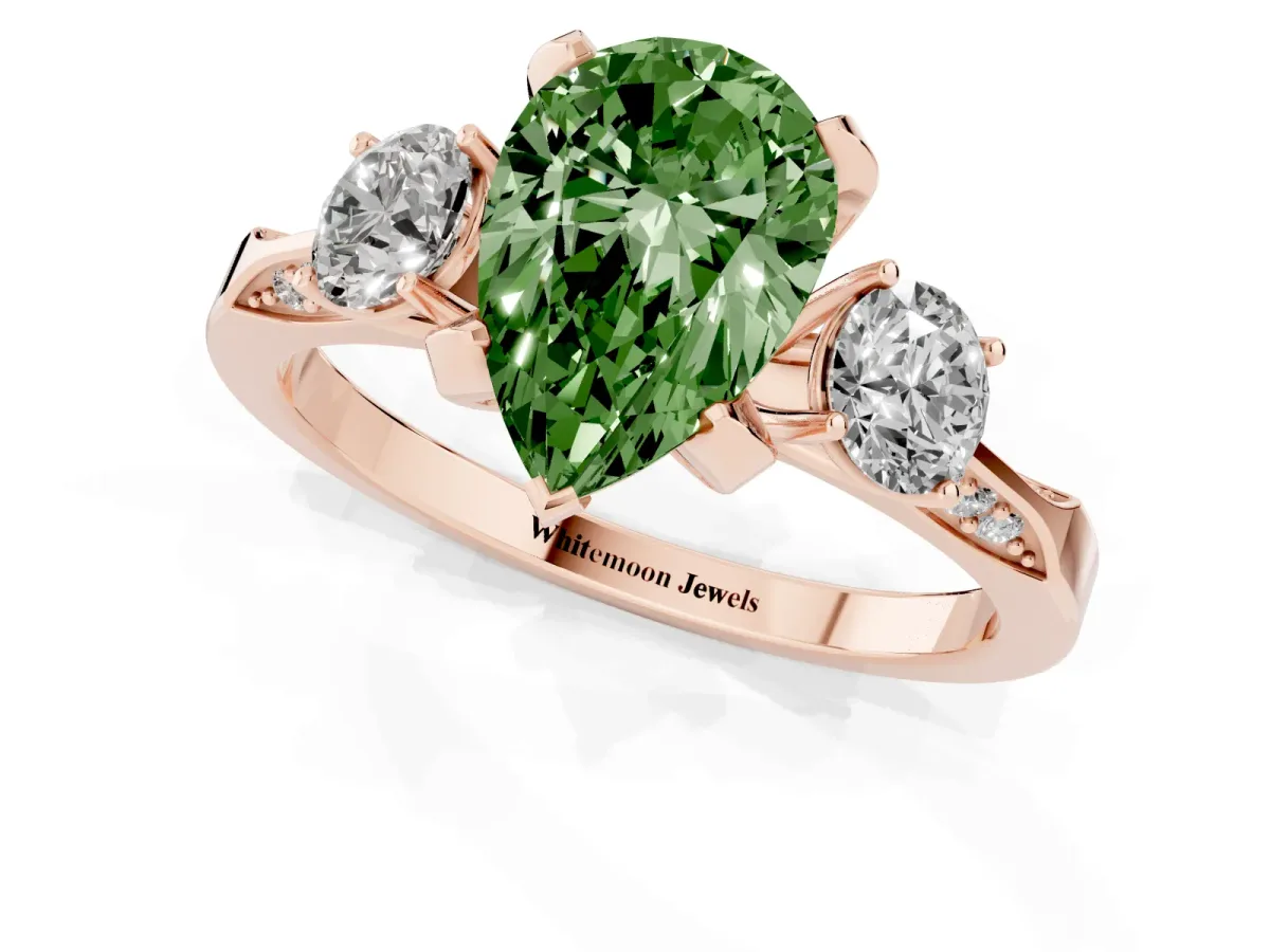 Fancy Green Pear Cut Brilliant Three-Stone Diamond Ring with Pavé Band and Four-Prong Setting Rose gold