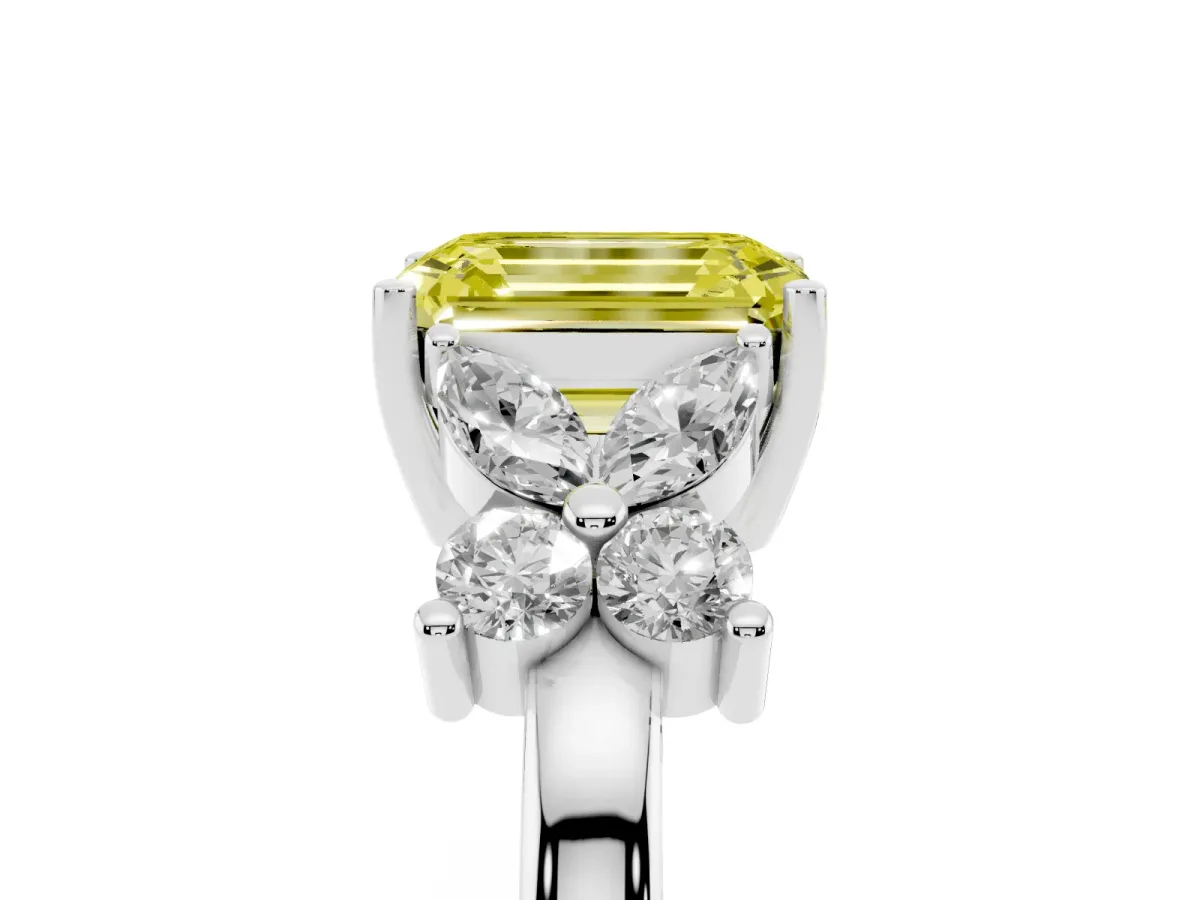 Fancy Yellow Emerald Cut Diamond Floral Cluster Ring with Solitaire Band and Prong Setting Platinum