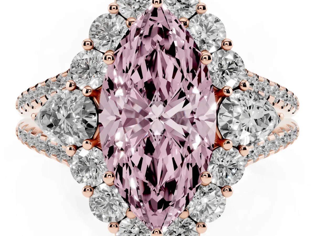 Fancy Pink Marquise Cut Halo Split Shank Diamond Engagement Ring with Prong Setting Rose gold