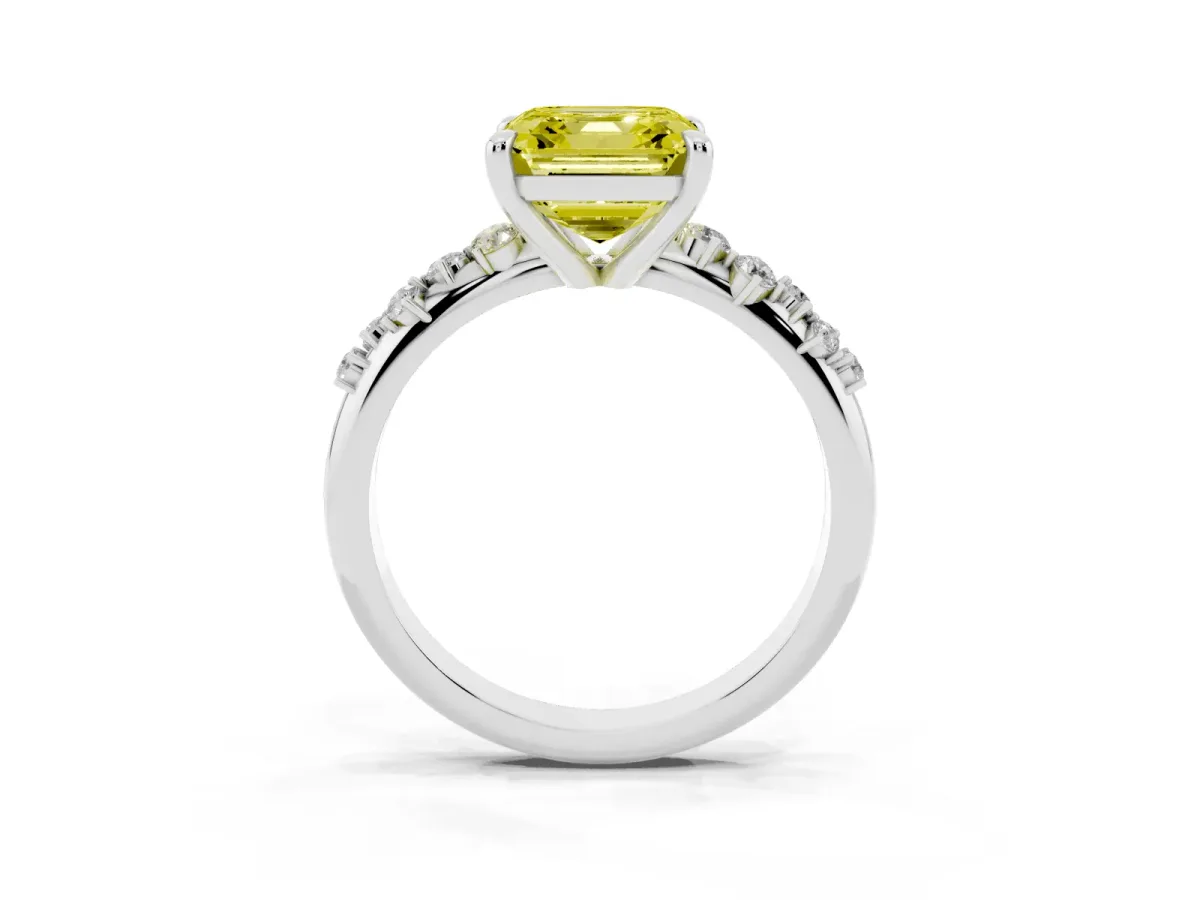 Fancy Yellow Asscher Cut Cut Diamond Vine Band with Four-Prong Setting White gold