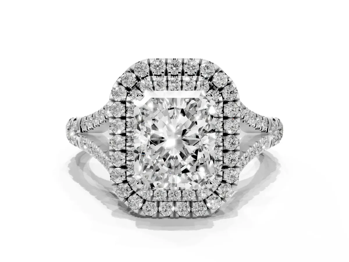 Double Halo Radiant Cut Diamond Split Shank Engagement Ring with Four-Prong Setting Silver