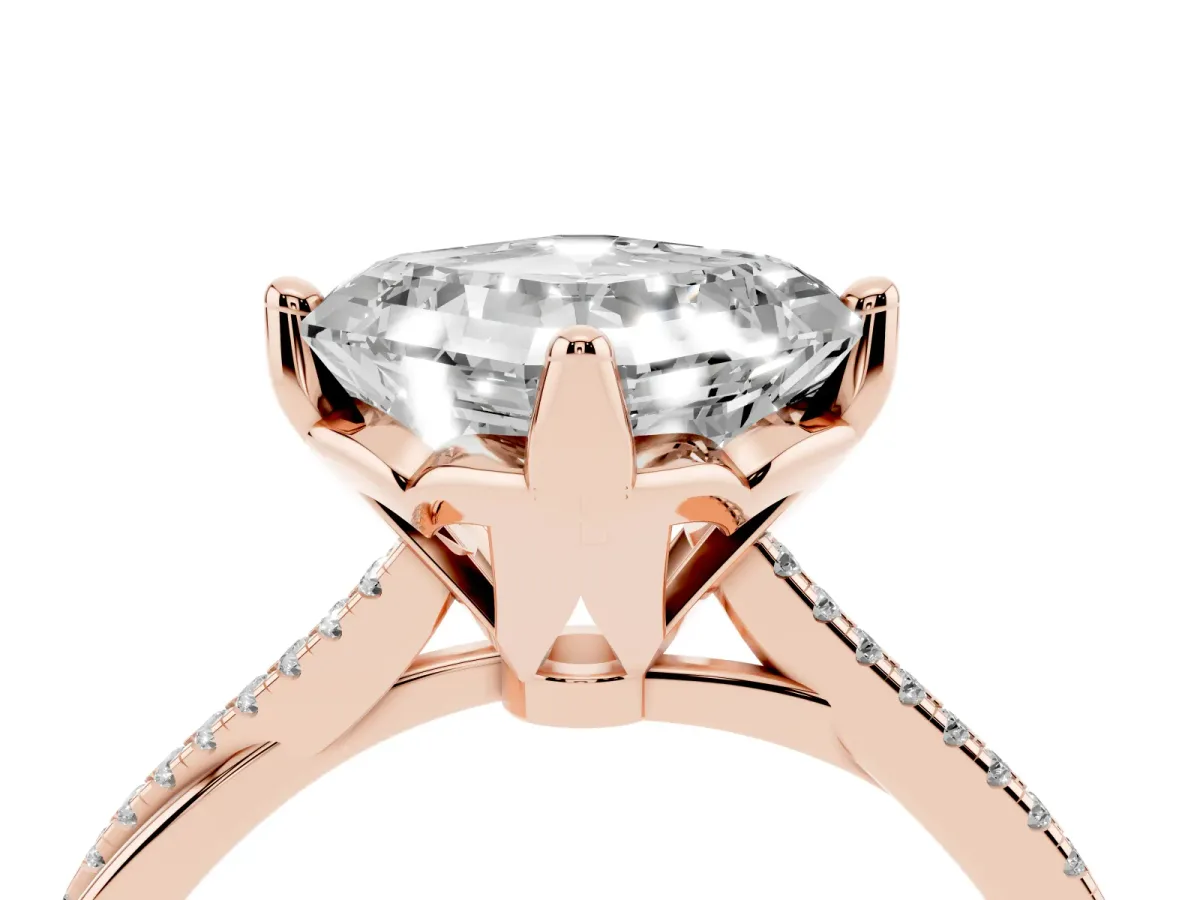 Asscher Cut Solitaire Twist Band with Pavé Diamonds and Four-Prong Setting Rose gold