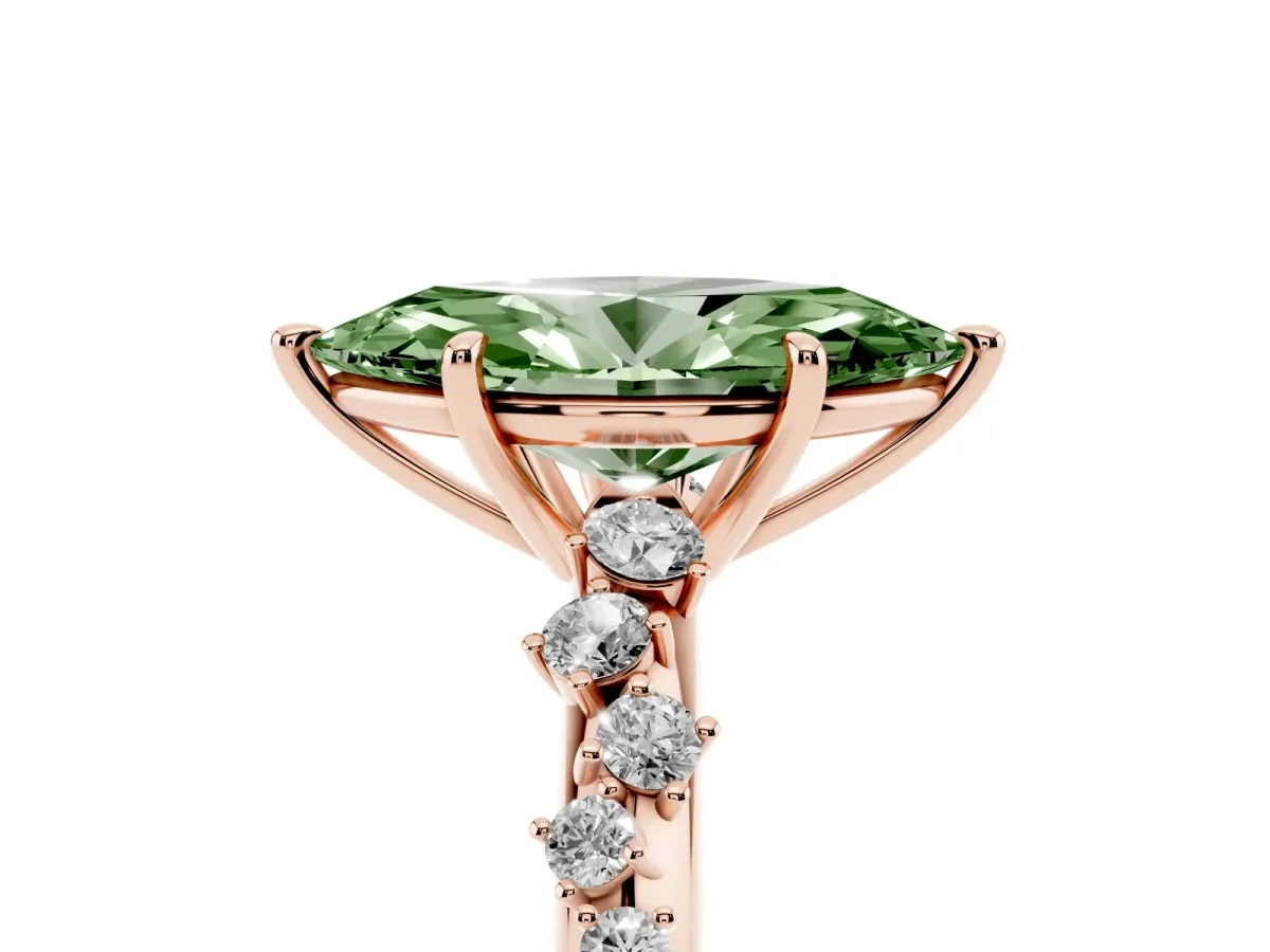 Fancy Green Marquise Cut Diamond Cluster Side Stone Solitaire Ring with Prong Setting Rose gold