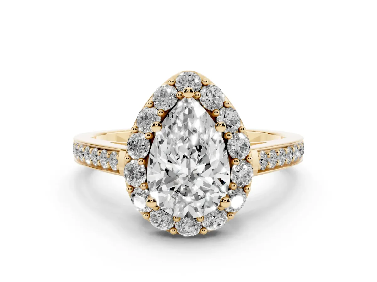Pear Cut Diamond Floral Halo Ring with Pavé Band and Prong Setting Yellow gold