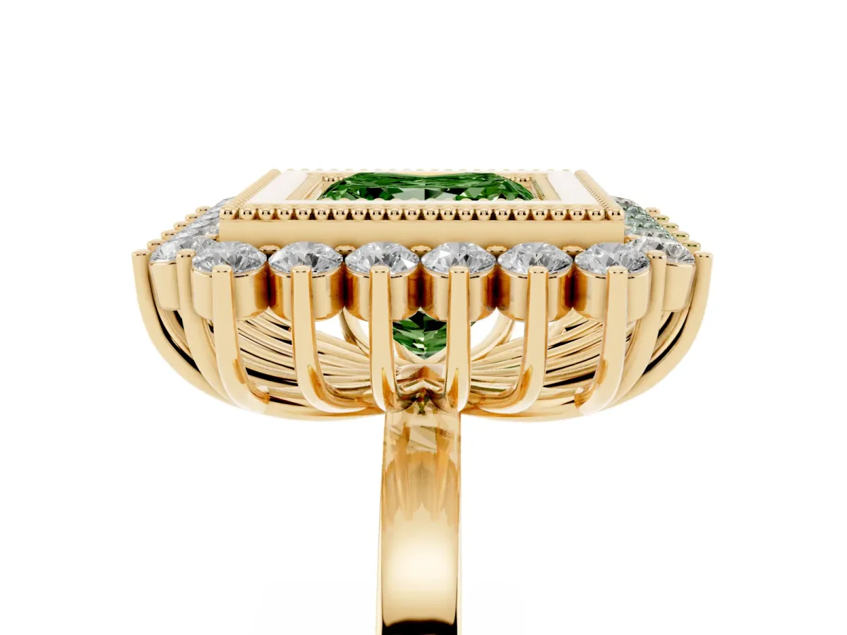 Fancy Green Princess Cut Halo Diamond Ring with Milgrain Edge and Round Prong Setting Yellow gold