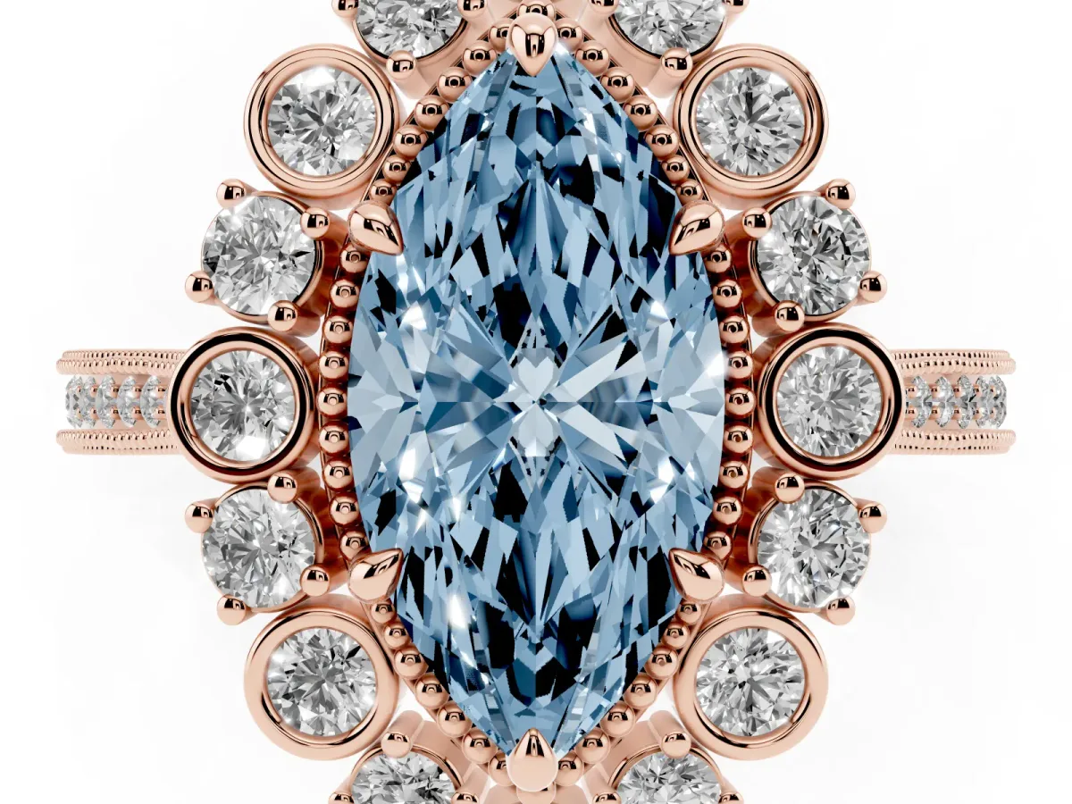 Fancy Blue Marquise Cut Halo Milgrain Pave Diamond Ring with Four-Prong Setting Rose gold