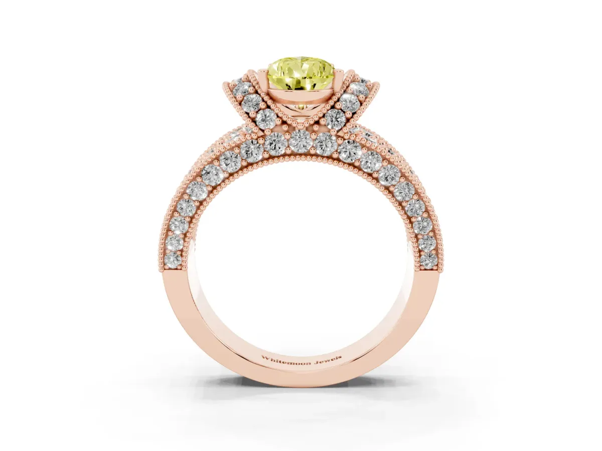 Fancy Yellow Pear Cut Halo Pave Diamond Engagement Ring with Milgrain Detailing Rose gold
