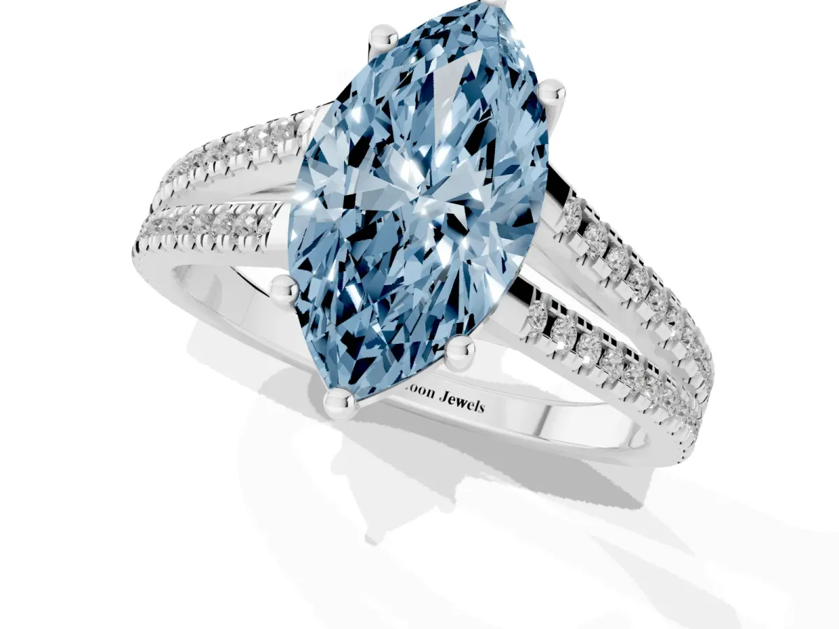 Fancy Blue Marquise Cut Diamond Solitaire Engagement Ring with Split Shank Pavé Band Silver