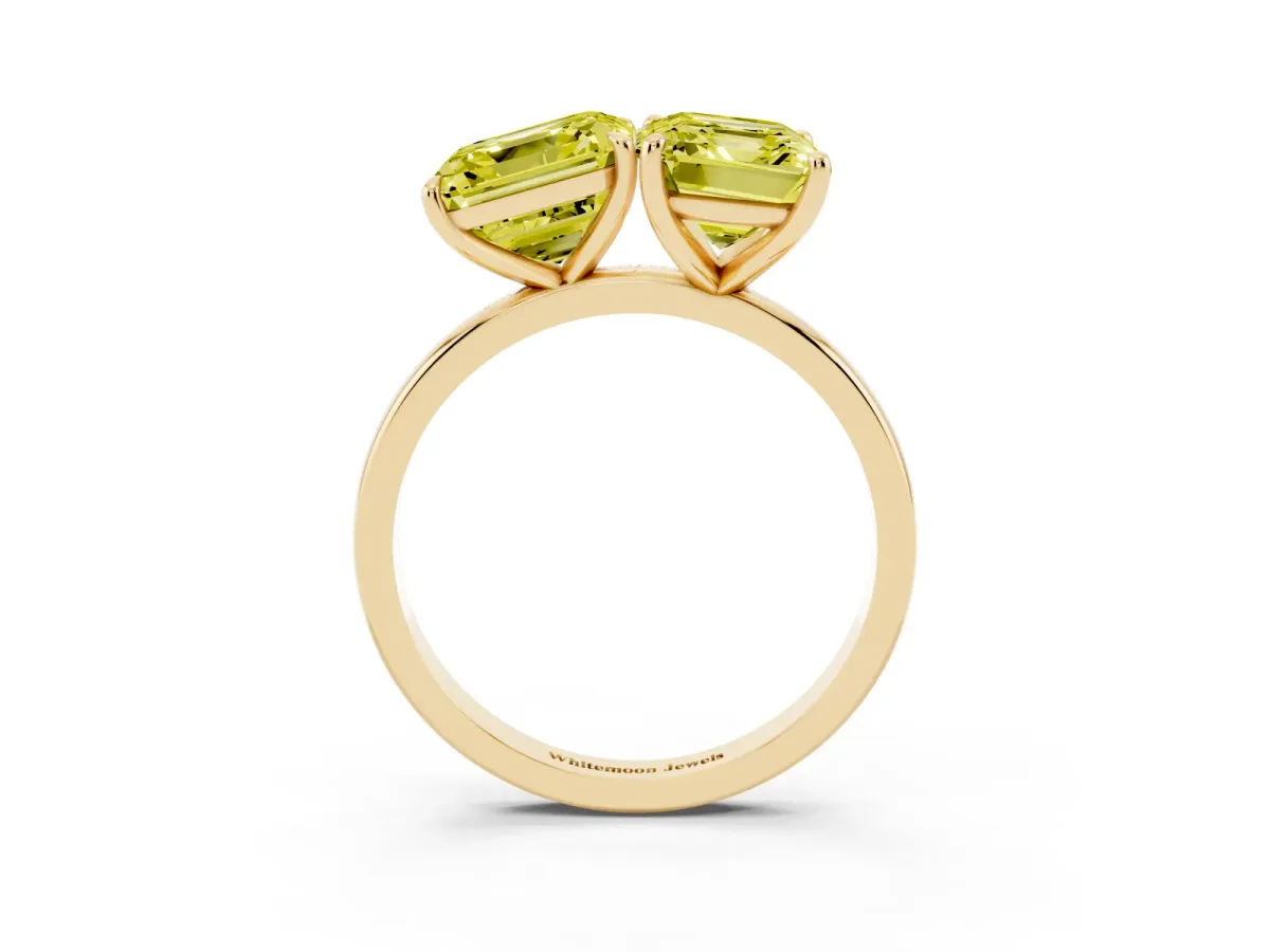 Fancy Yellow Asscher Cut and Emerald Cut Toi Moi Ring with Prong Setting Yellow gold