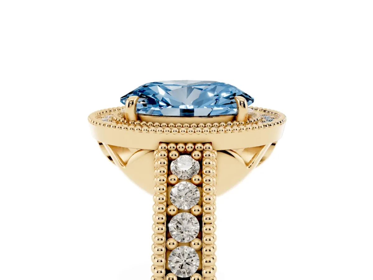 Fancy Blue Oval Cut Cut Halo Diamond Ring with Pavé Band and Four-Prong Setting Yellow gold