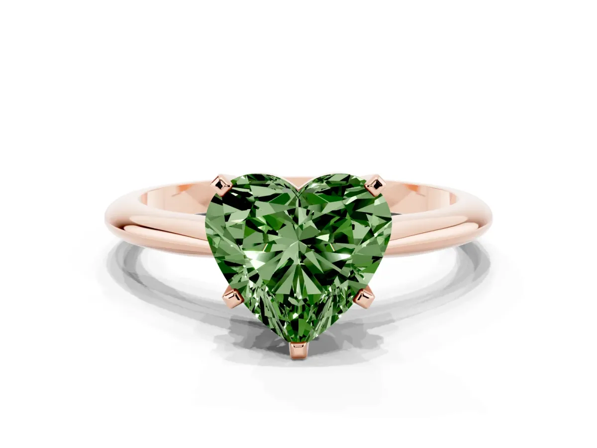 Fancy Green Heart Cut Cut Solitaire Ring with Four-Prong Setting on a Classic Band Rose gold