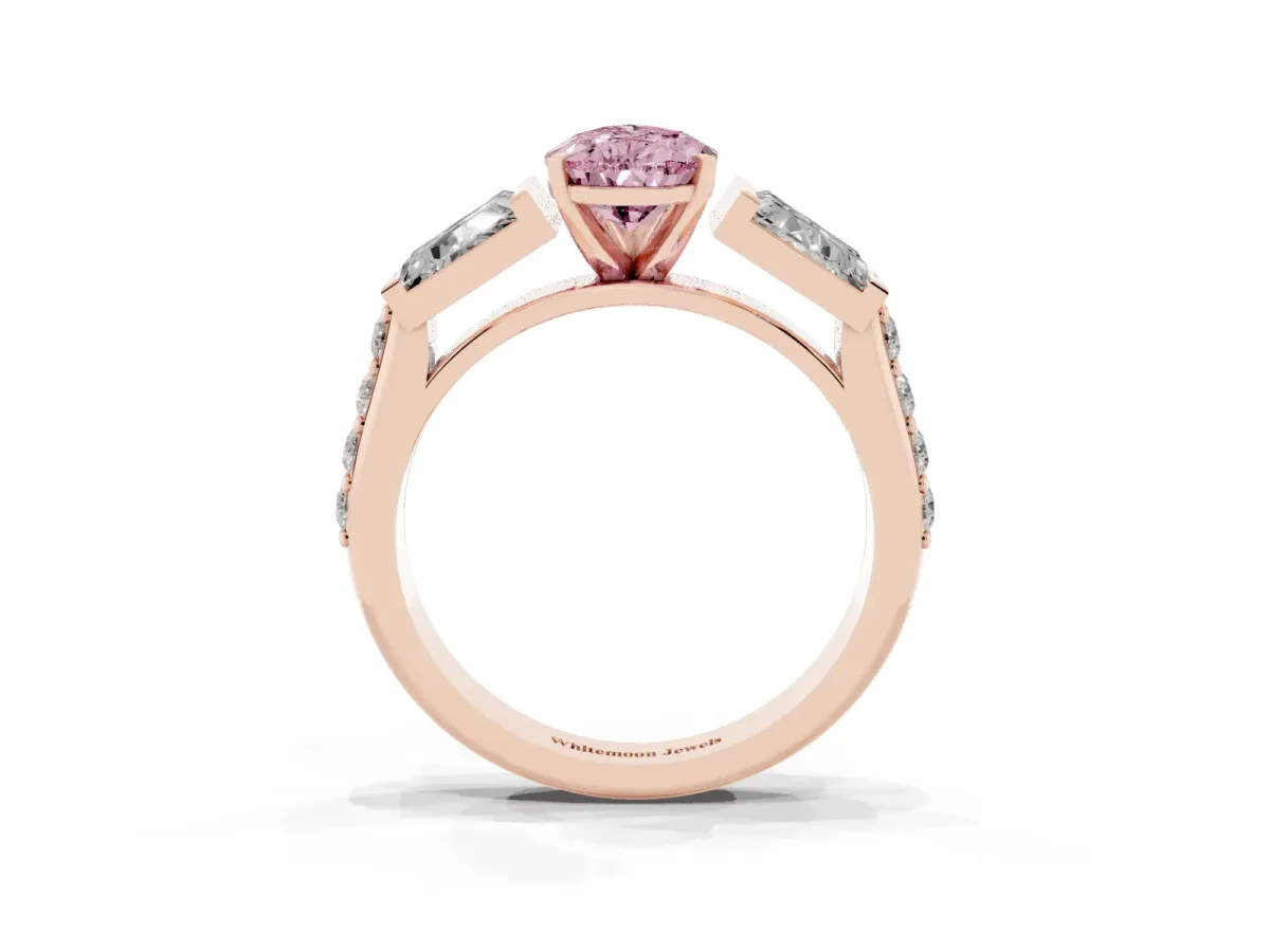 Fancy Pink Pear Cut Diamond Engagement Ring with Baguette Side Stones and Channel Set Band Rose gold
