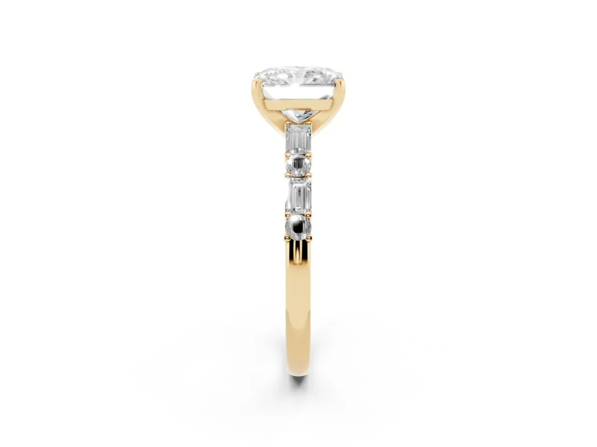 Radiant Cut Diamond Solitaire with Side Baguettes and Channel Set Band Yellow gold