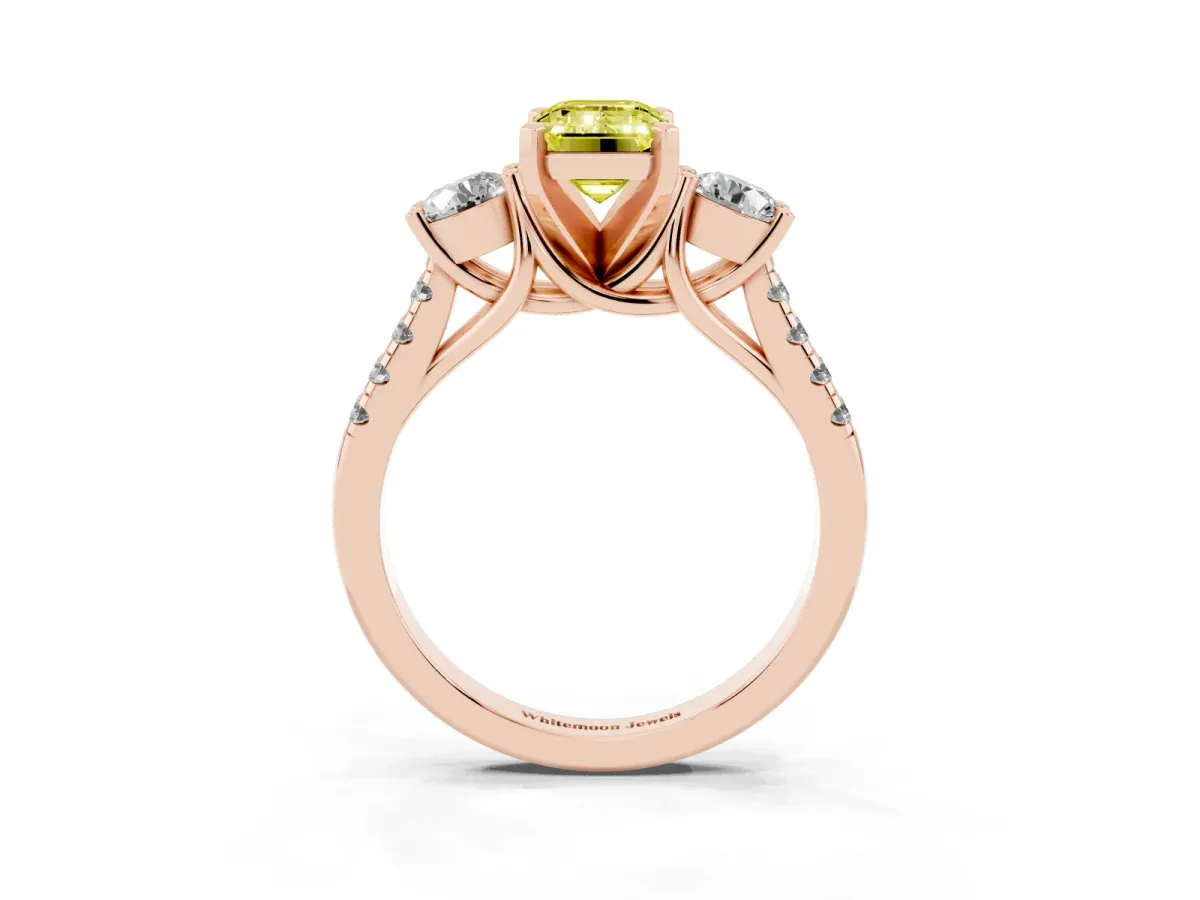 Fancy Yellow Three-Stone Emerald Cut Diamond Pavé Band with Four-Prong Setting Rose gold