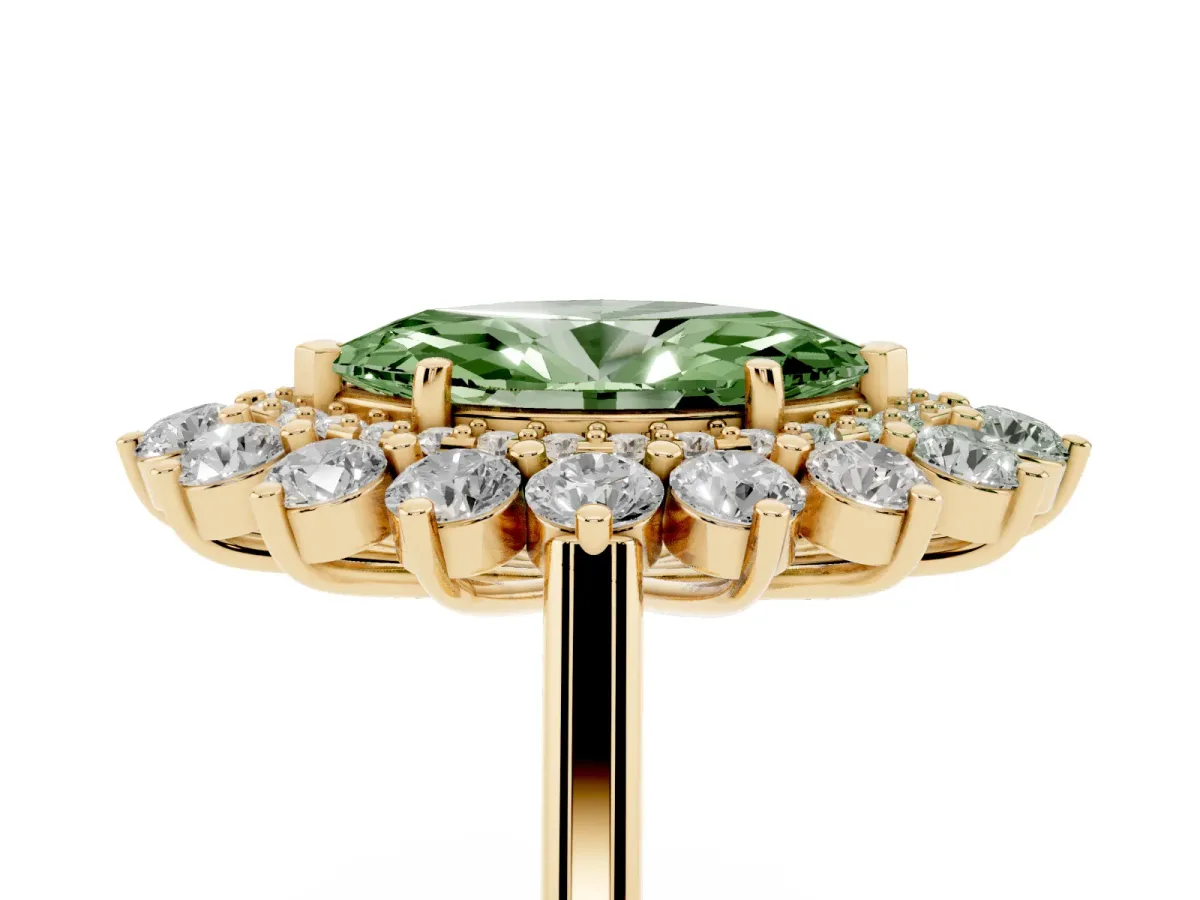Fancy Green Marquise Cut Diamond Floral Double Halo Engagement Ring with Prong Setting Yellow gold