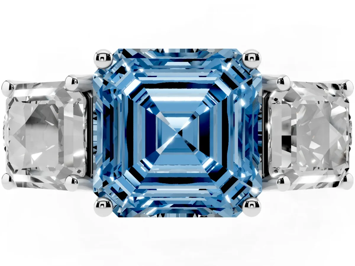 Fancy Blue Three-Stone Asscher Cut Diamond Pavé Band with Prong Setting Silver