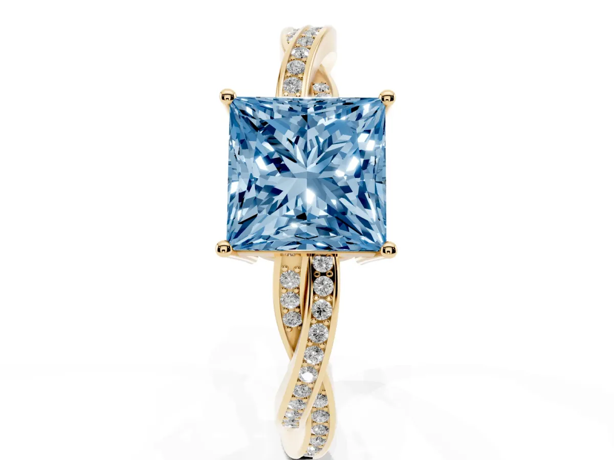 Fancy Blue Princess Cut Solitaire Twisted Pave Diamond Ring with Four-Prong Setting Yellow gold