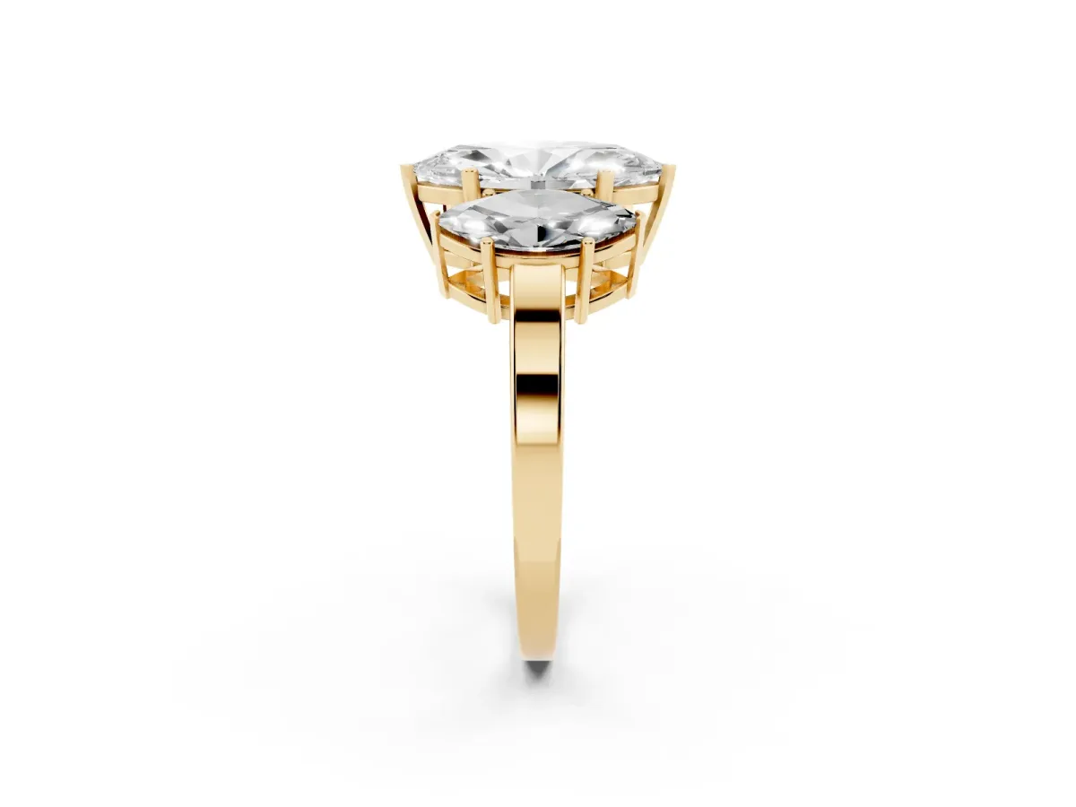 Three-Stone Marquise Cut Cut Diamond Engagement Ring with Flat Band and Four-Prong Setting Yellow gold
