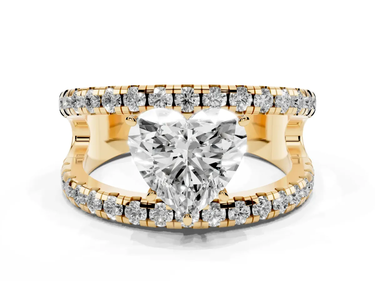 Heart Cut Solitaire Split Shank Pave Diamond Ring Yellow gold