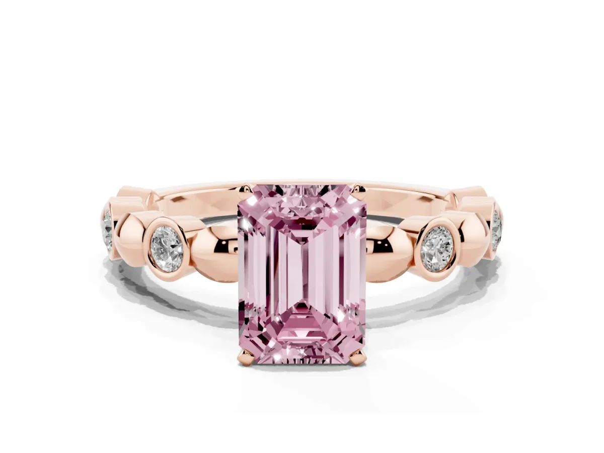 Fancy Pink Emerald Cut Solitaire Bezel-Set Diamond Ring with Beaded Band and Four-Prong Setting Rose gold
