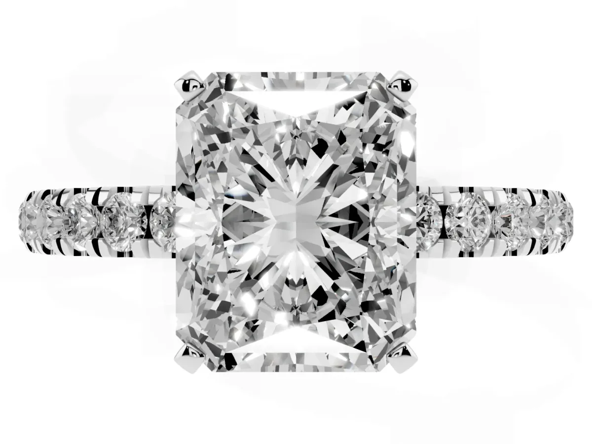 Radiant Cut Diamond Solitaire Ring with Pavé Accents and Four-Prong Setting Platinum