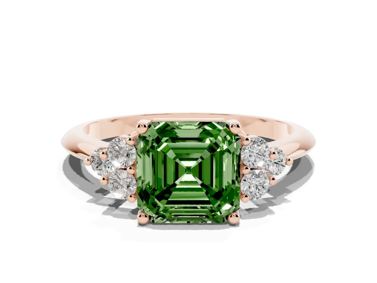 Fancy Green Asscher Cut Cut Diamond Cluster Ring with Solitaire Band and Four-Prong Setting Rose gold