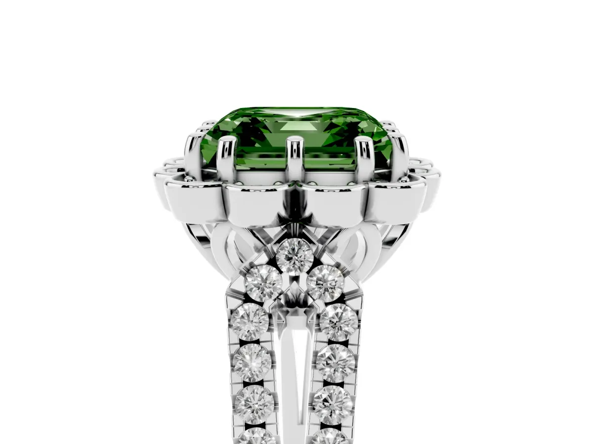 Fancy Green Asscher Cut Halo Diamond Floral Split Shank Engagement Ring Silver