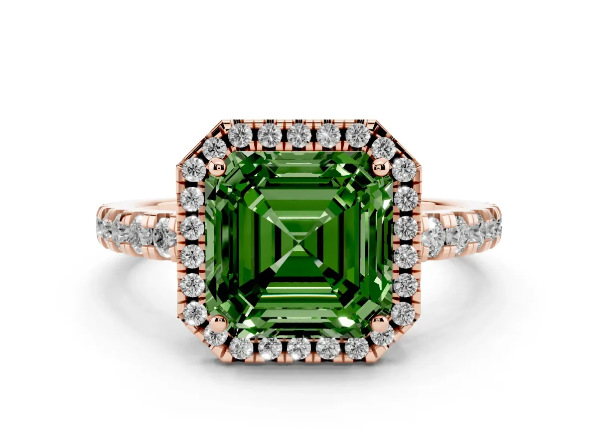 Fancy Green Asscher Cut Diamond Halo Ring with Pavé Band and Four-Prong Setting Rose gold
