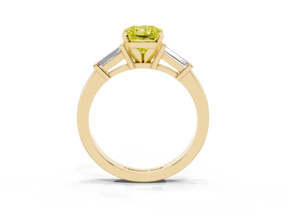Fancy Yellow Radiant Cut Cut Diamond Solitaire Ring with Tapered Baguette Accents and Four-Prong Setting Yellow gold