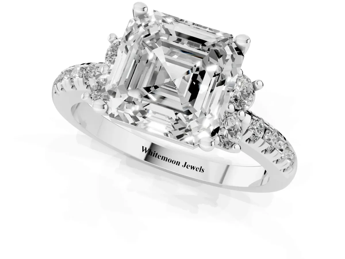 Asscher Cut Diamond Three-Stone Pave Band with Four-Prong Setting White gold
