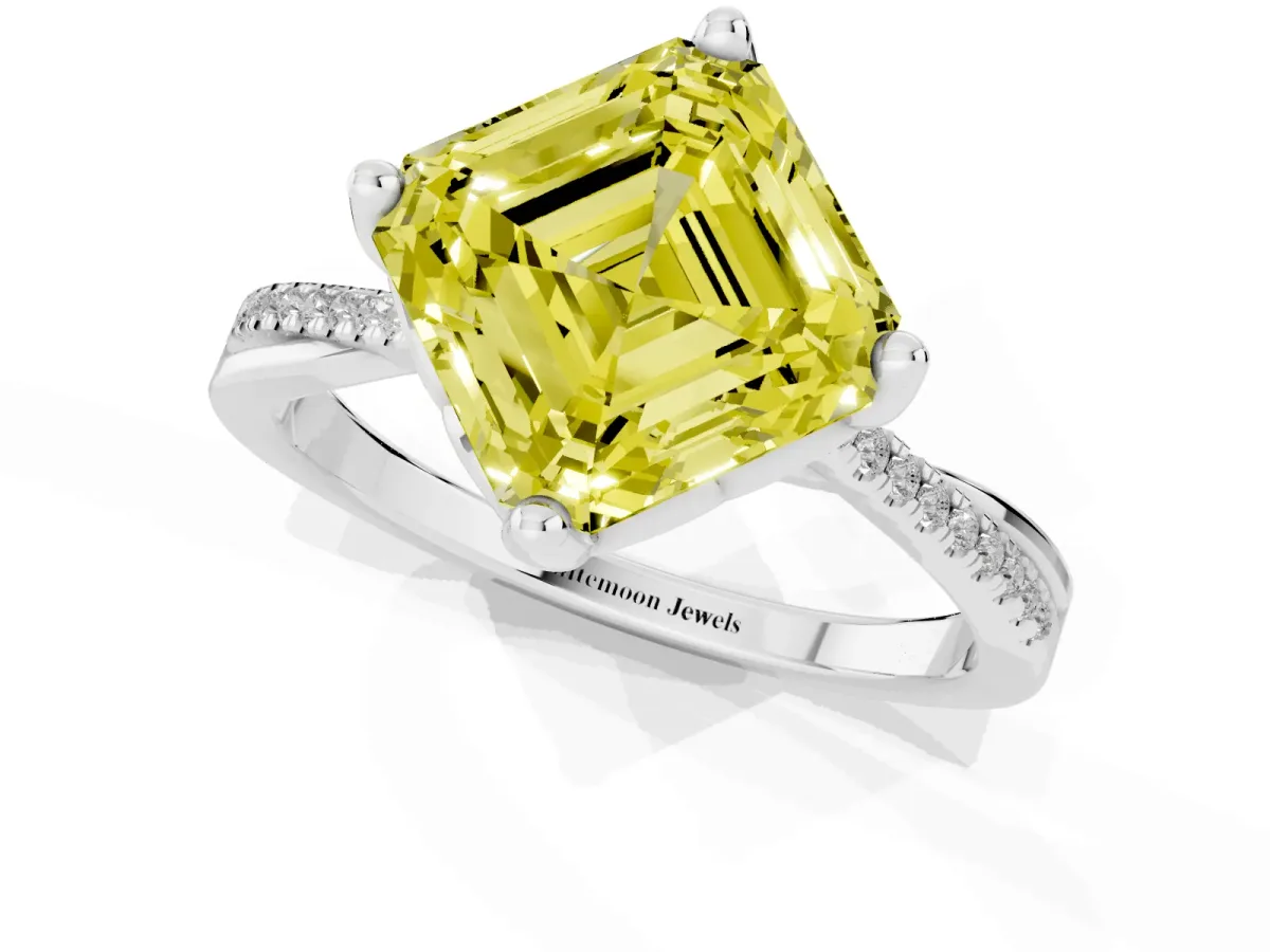 Fancy Yellow Asscher Cut Solitaire Twist Band with Pavé Diamonds and Four-Prong Setting Silver