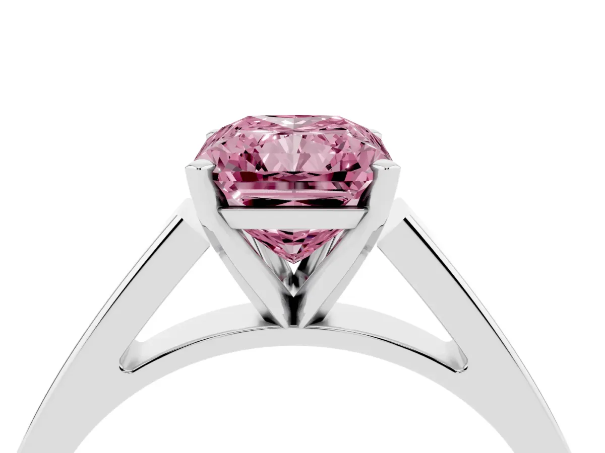 Fancy Pink Radiant Cut Solitaire Engagement Ring with Four-Prong Setting and Tapered Band Silver