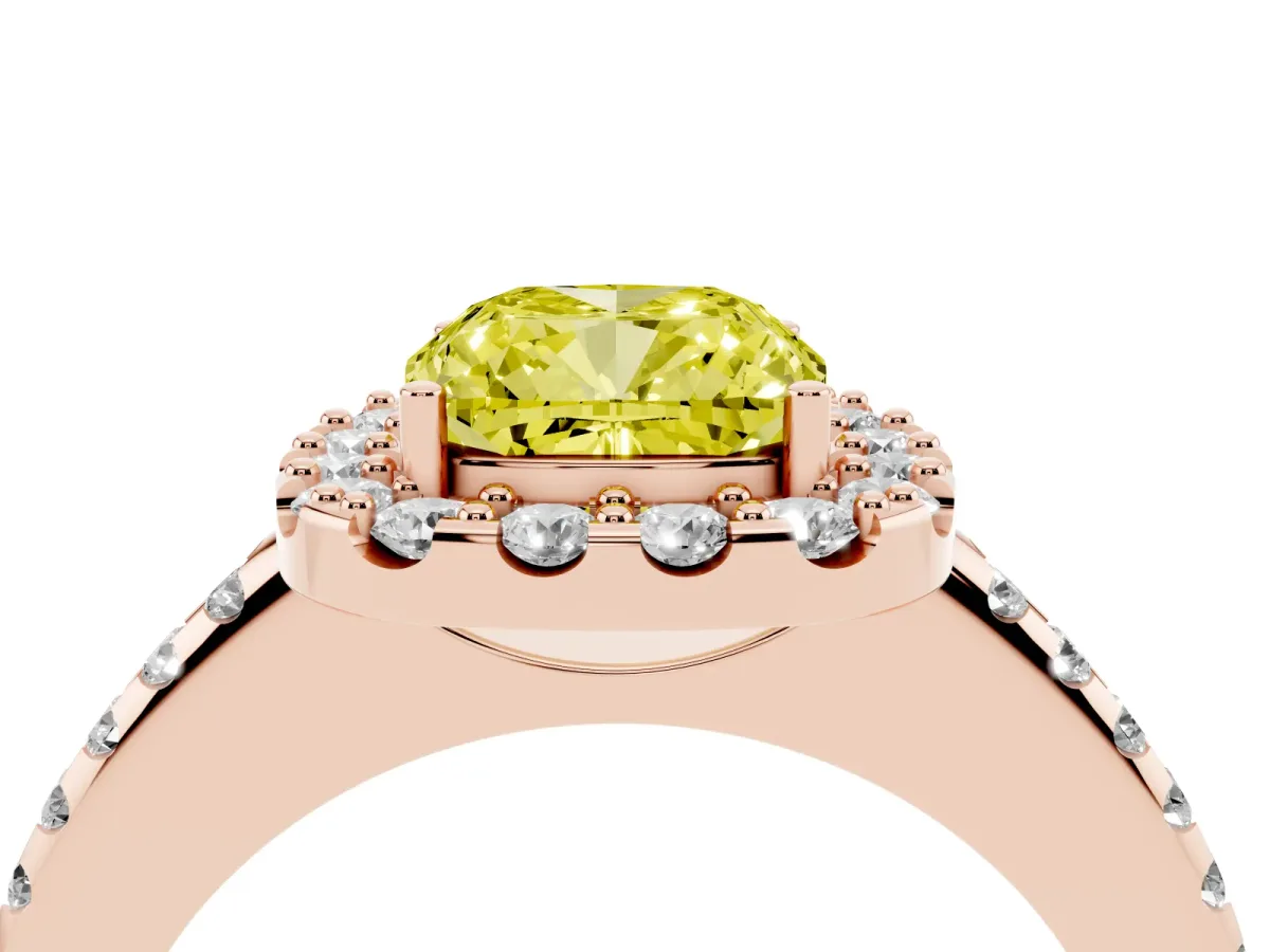 Fancy Yellow Cushion Cut Diamond Pavé Halo Ring with Four-Prong Setting Rose gold