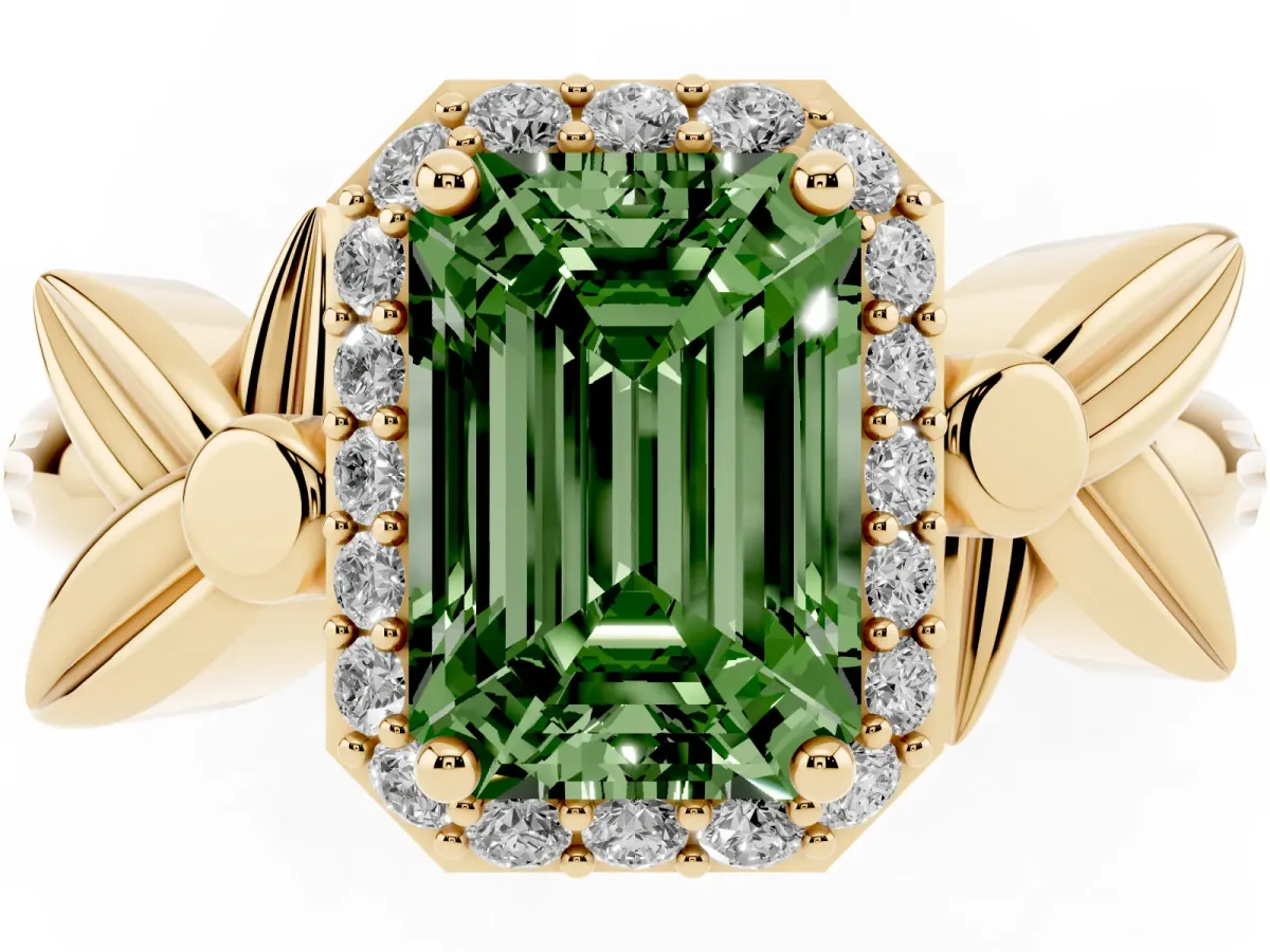 Fancy Green Emerald Cut Halo Diamond Floral Band with Four-Prong Setting Yellow gold