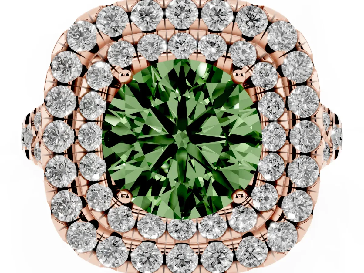 Fancy Green Double Halo Round Cut Diamond Pavé Split Shank Ring with Prong Setting Rose gold