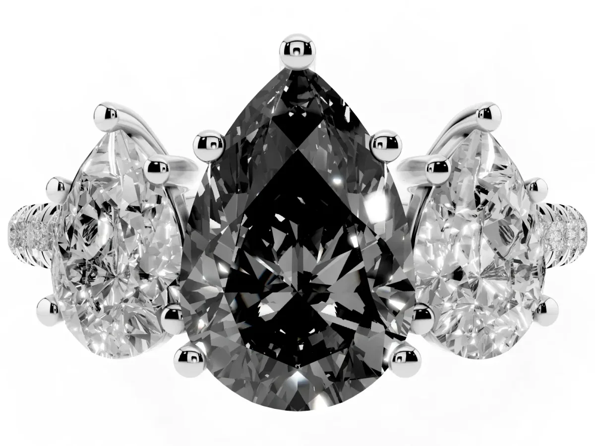 Fancy Black Three-Stone Pear Cut Diamond Ring with Round Pavé Band and Prong Setting Silver