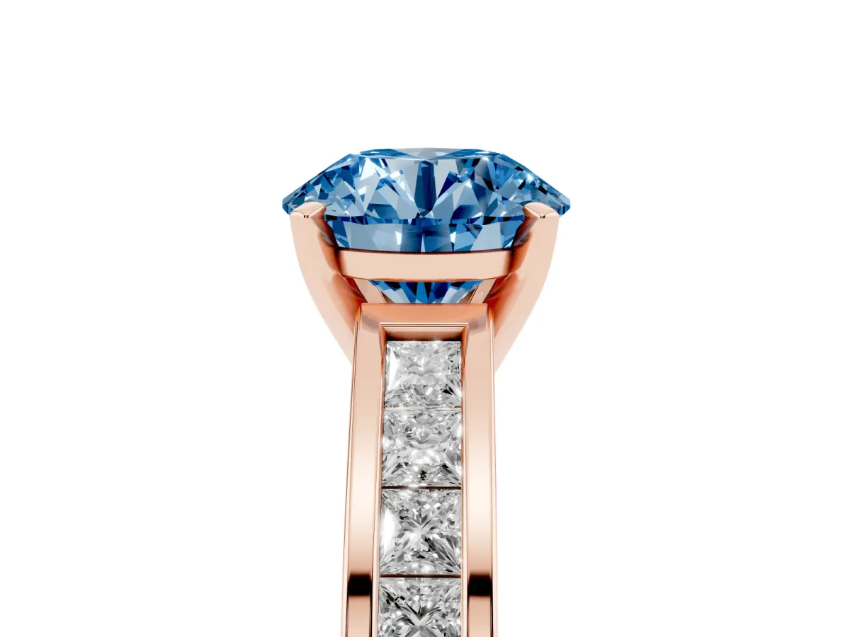 Fancy Blue Round Cut Solitaire Diamond Ring with Channel-Set Band and Four-Prong Setting Rose gold
