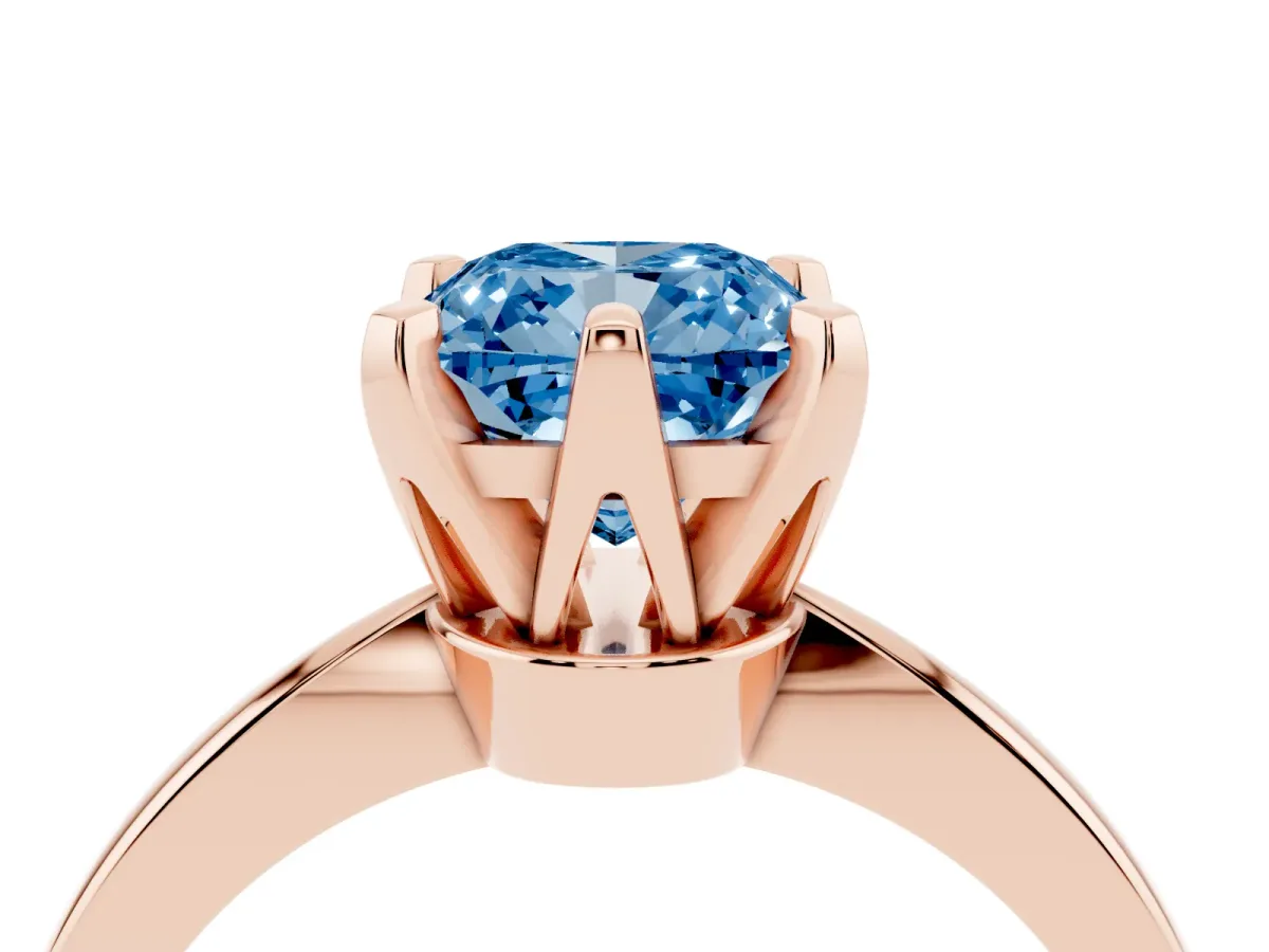 Fancy Blue Cushion Cut Solitaire Engagement Ring with Six-Prong Setting and Tapered Band Rose gold