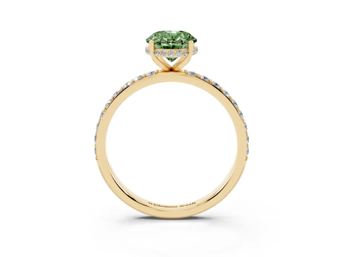 Fancy Green Oval Cut Diamond Solitaire Ring with Pavé Band and Hidden Halo Yellow gold