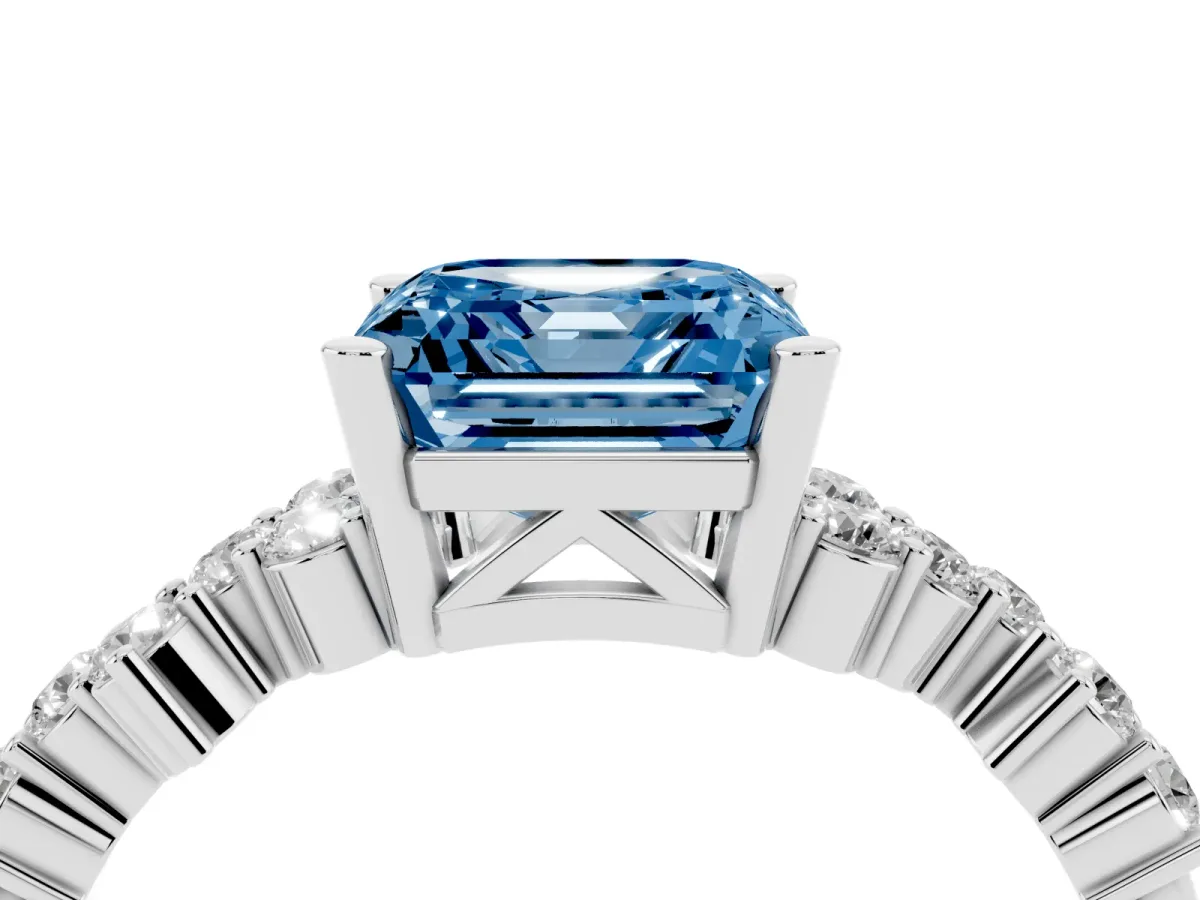 Fancy Blue Asscher Cut Diamond Scattered Round Accent Ring with Prong Setting White gold