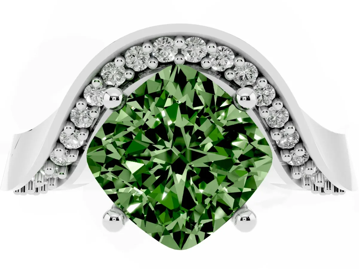 Fancy Green Cushion Cut Solitaire Diamond Engagement Ring with Pave Band and Four-Prong Setting White gold