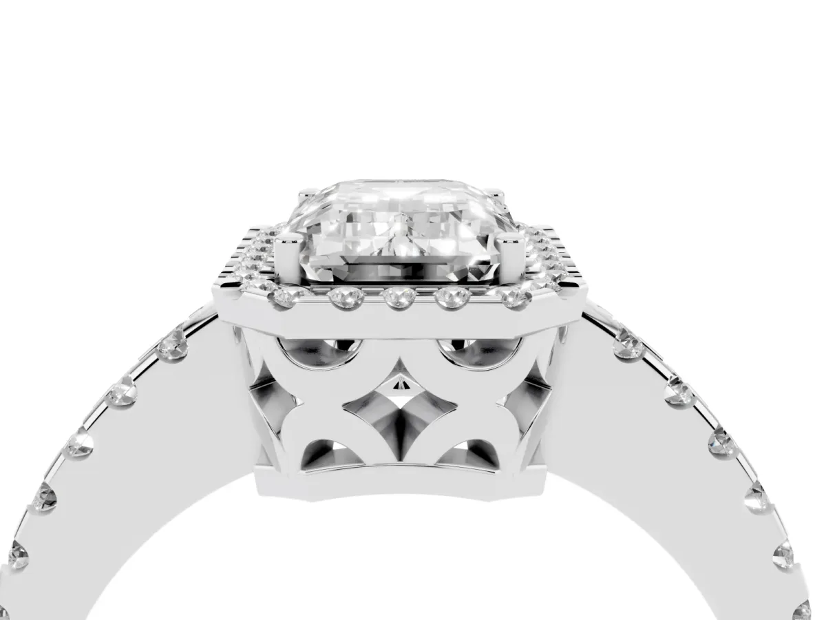 Emerald Cut Diamond Halo Engagement Ring with Pavé Band and Prong Setting Silver