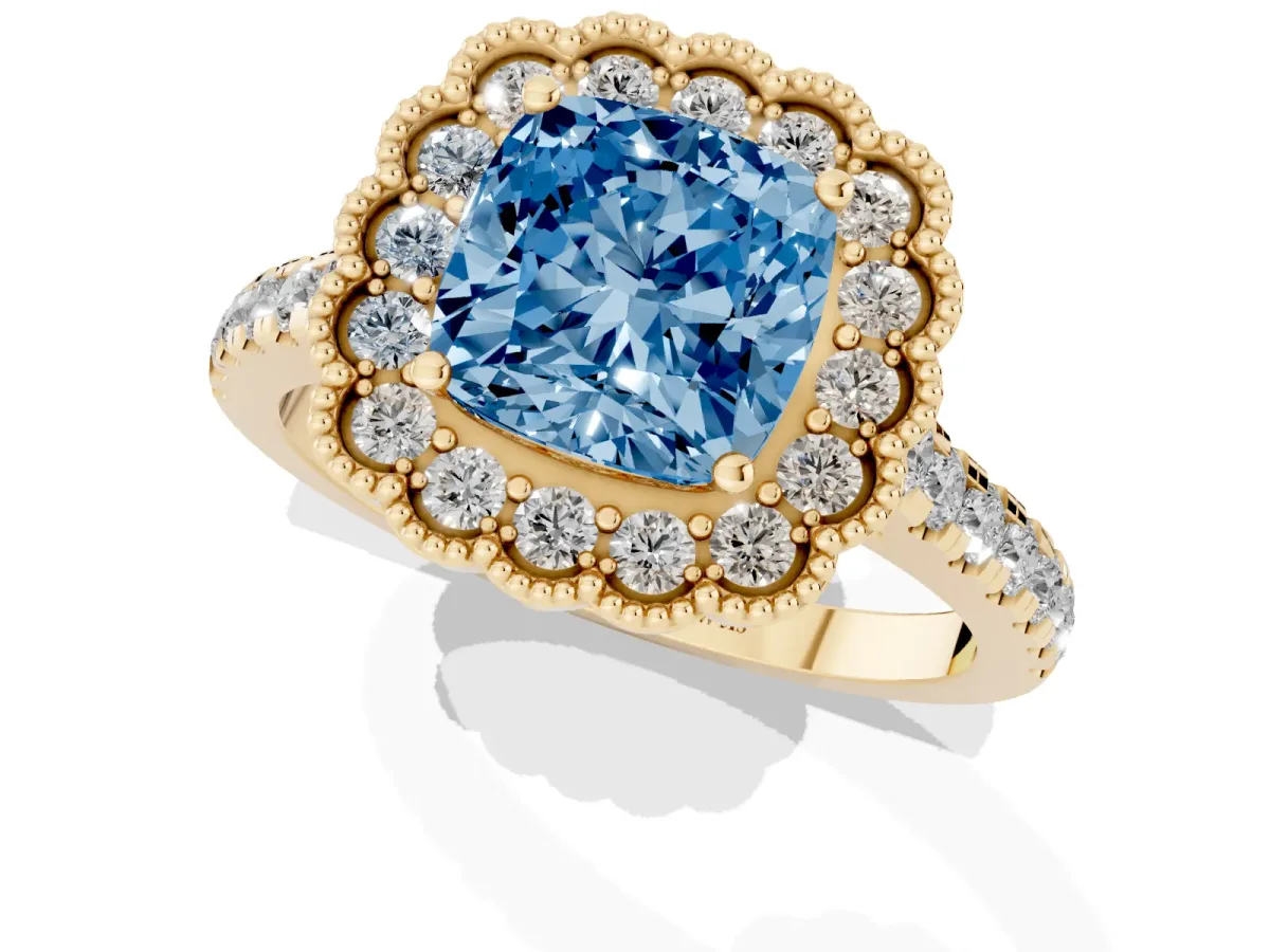 Fancy Blue Cushion Cut Cut Diamond Milgrain Floral Halo Engagement Ring with Pavé Band Yellow gold
