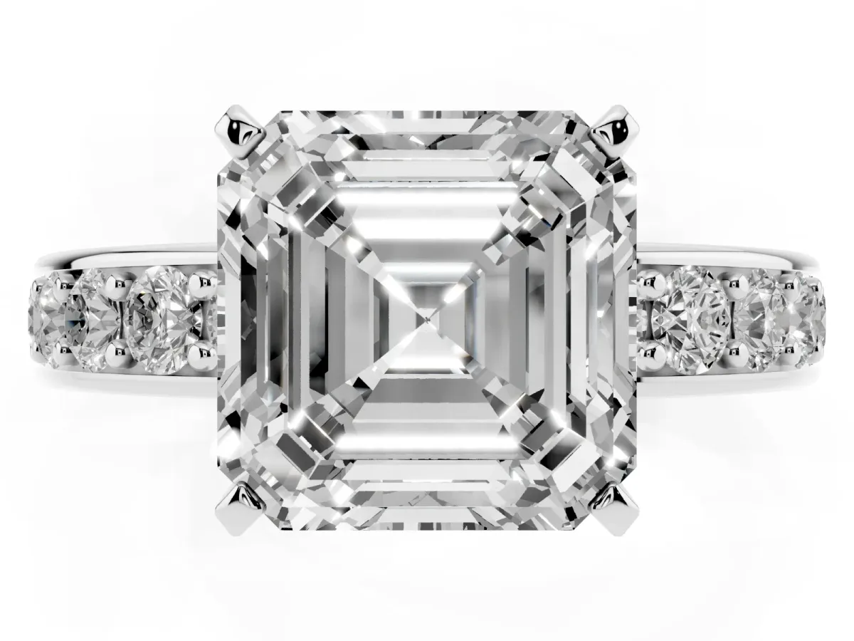 Asscher Cut Diamond Engagement Ring with Channel Set Round Band and Prong Setting White gold