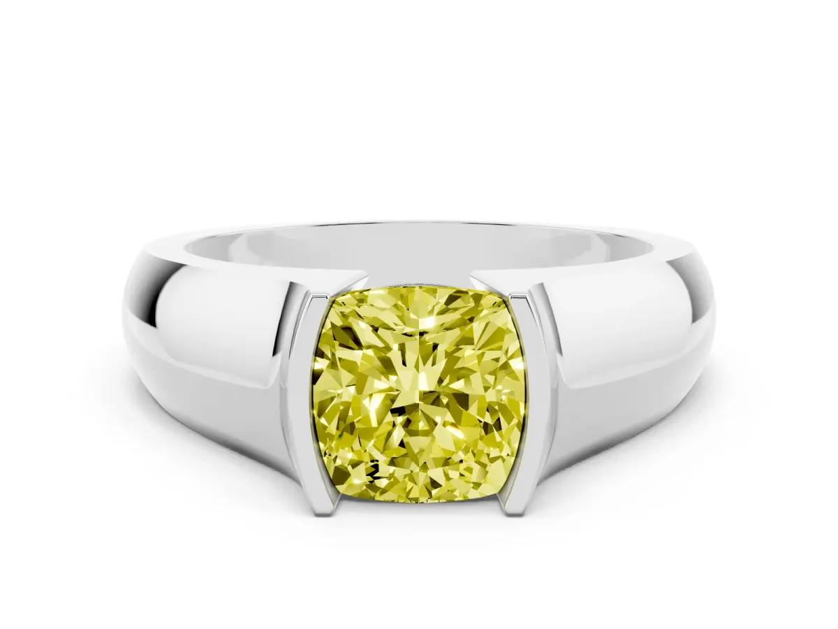 Fancy Yellow Cushion Cut Solitaire Bezel Set Diamond Ring with Wide Band Platinum