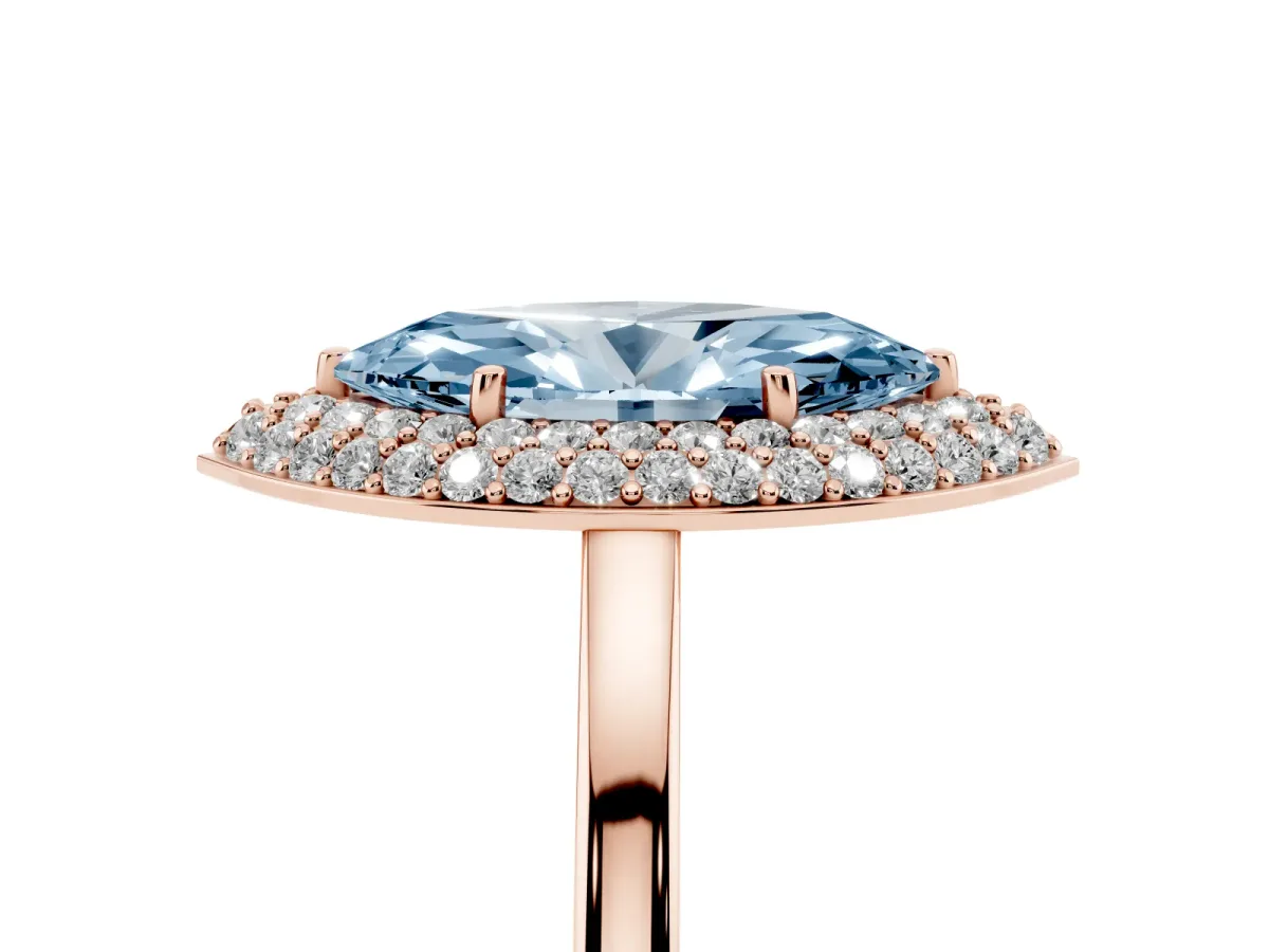 Fancy Blue Marquise Cut Halo Diamond Engagement Ring with Solitaire Band and Four-Prong Setting Rose gold